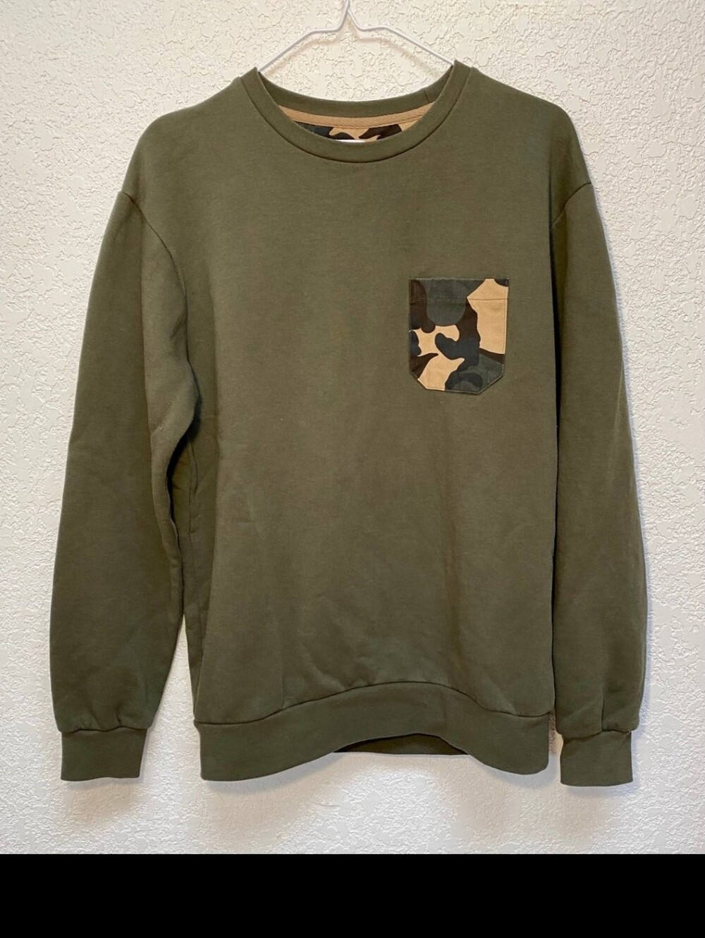Zara Olive Green Crewneck Sweater with Camo Pocket Accent Medium